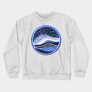 Lake District Linocut Collage in Blue and White Crewneck Sweatshirt